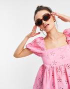 Asos Design Daisy Broderie Smock Dress In Pink