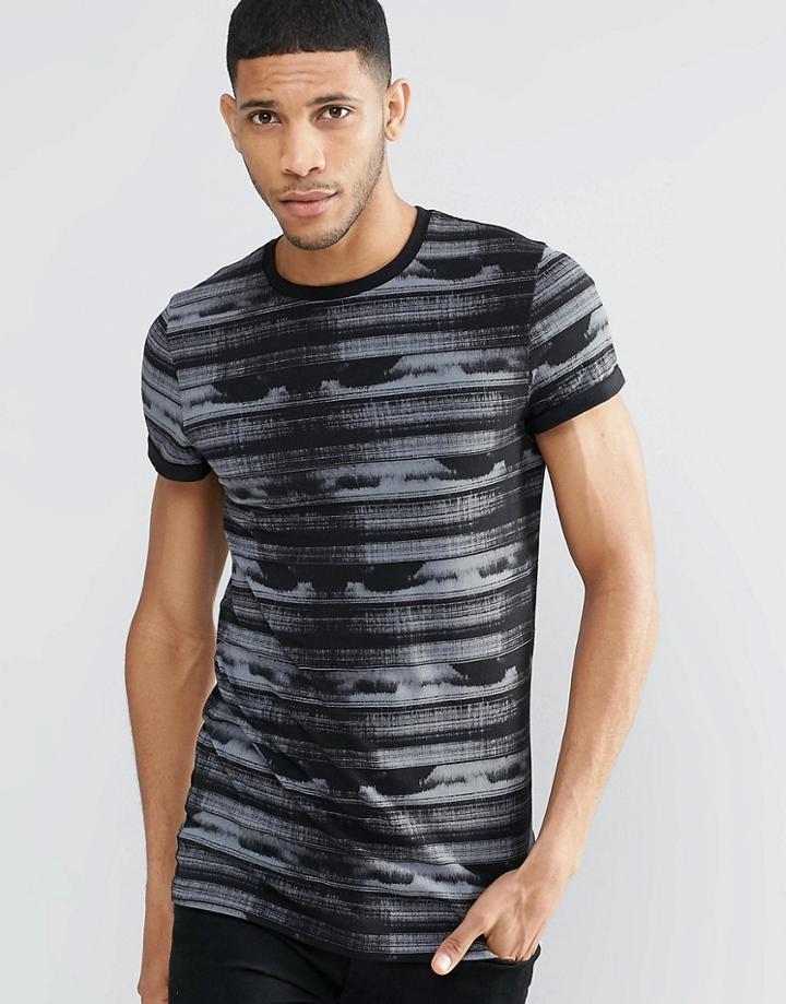 Asos Longline Muscle T-shirt With Glitch Print And Roll Sleeve