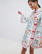 Asos Design Embroidered Mandarin Collar Mini Dress - Multi