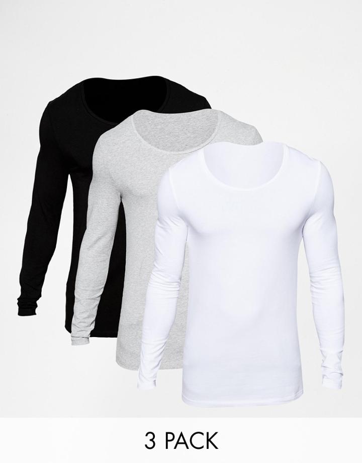 Asos Extreme Muscle Fit Long Sleeve T-shirt With Scoop Neck 3 Pack Save 17% - Multi