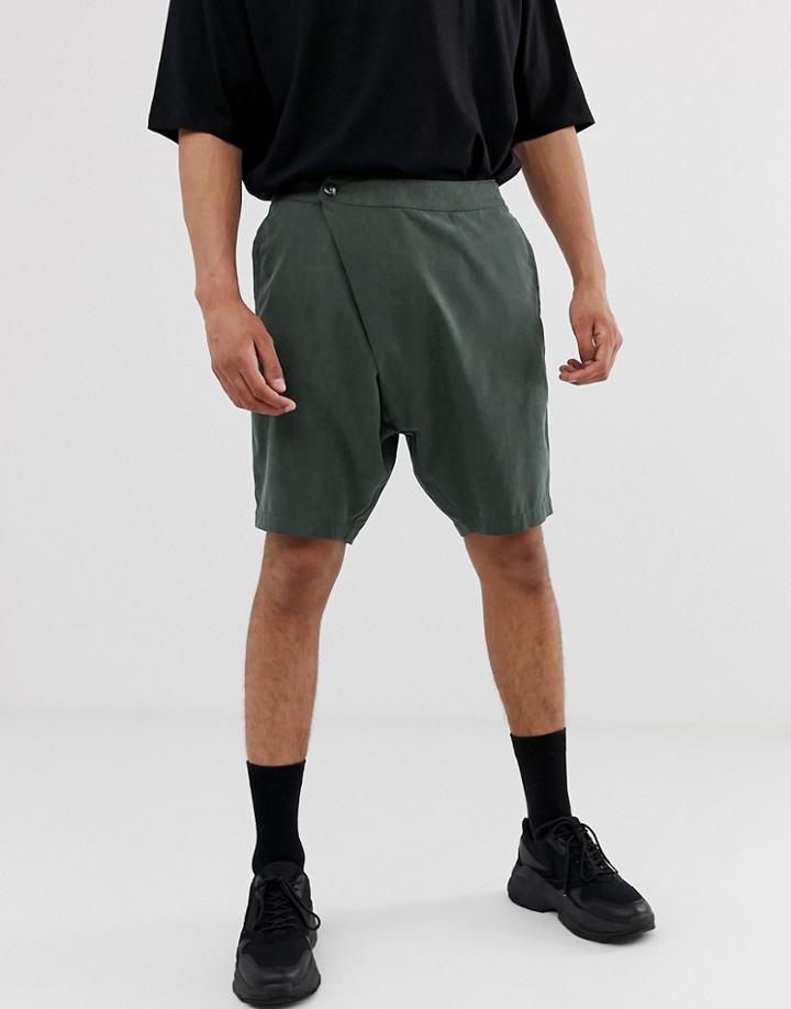 Asos Design Slim Shorts With Asymmetric Front In Dark Green - Green