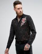 Asos Regular Fit Lace Shirt With Embroidered Flower - Black