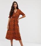 Influence Tall Shirred Sleeve Midi Dress With Button Down Front In Tiger Print-multi