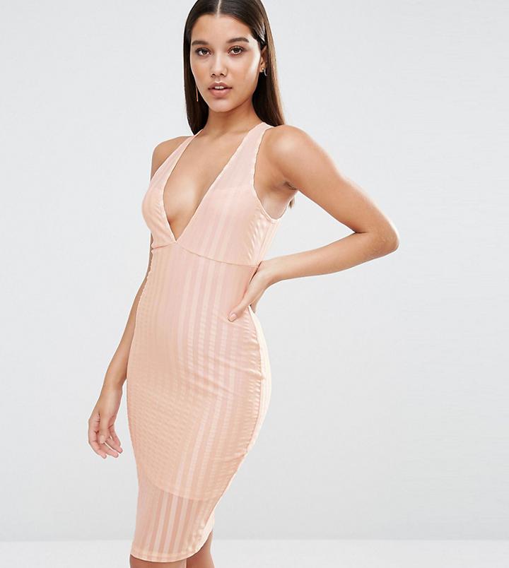 Naanaa Plunge Neck Bodycon Midi Dress In Satin Sheer Stripe - Beige