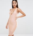 Naanaa Plunge Neck Bodycon Midi Dress In Satin Sheer Stripe - Beige