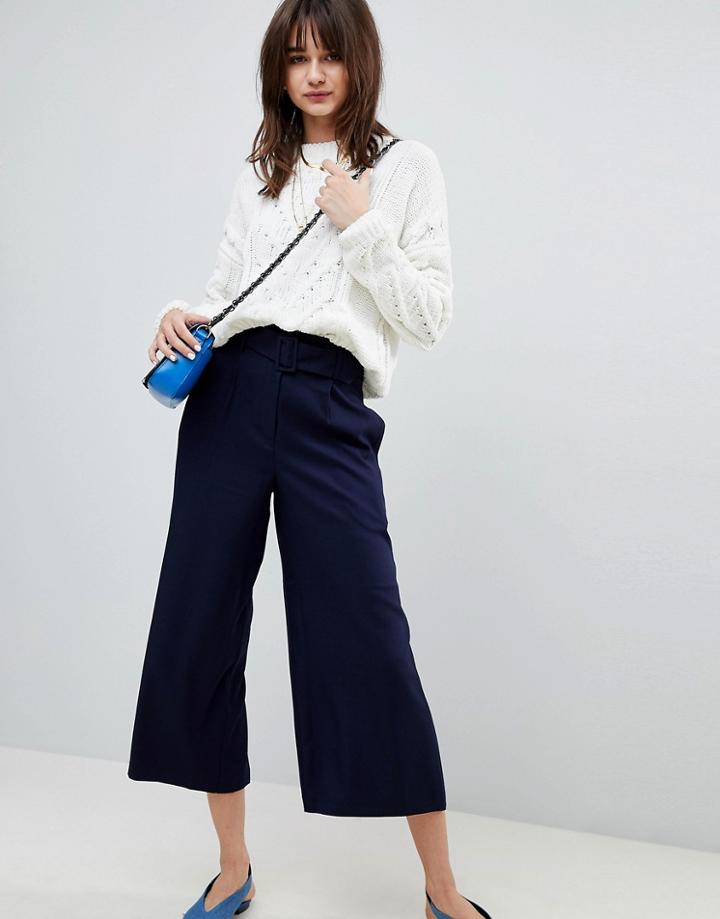 Asos Self Buckle Longer Length Culotte - Navy
