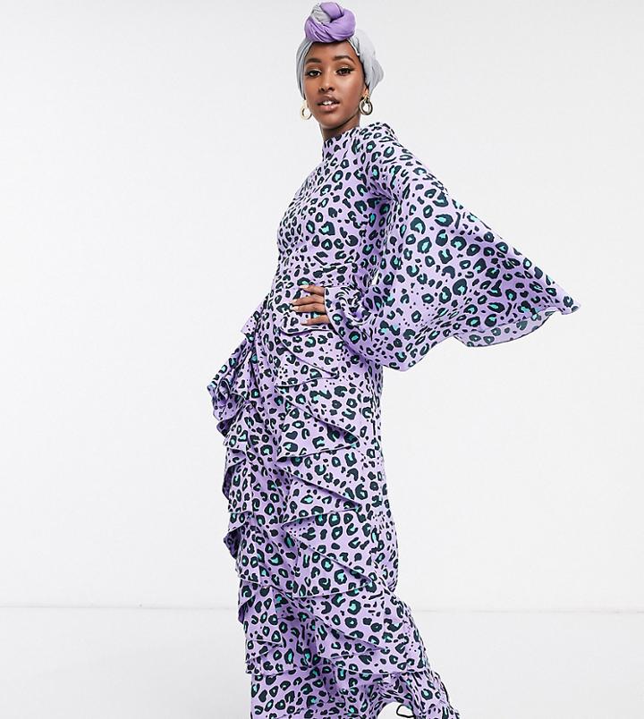 Verona Long Sleeve Maxi Tea Dress In Lilac Leopard Print-purple
