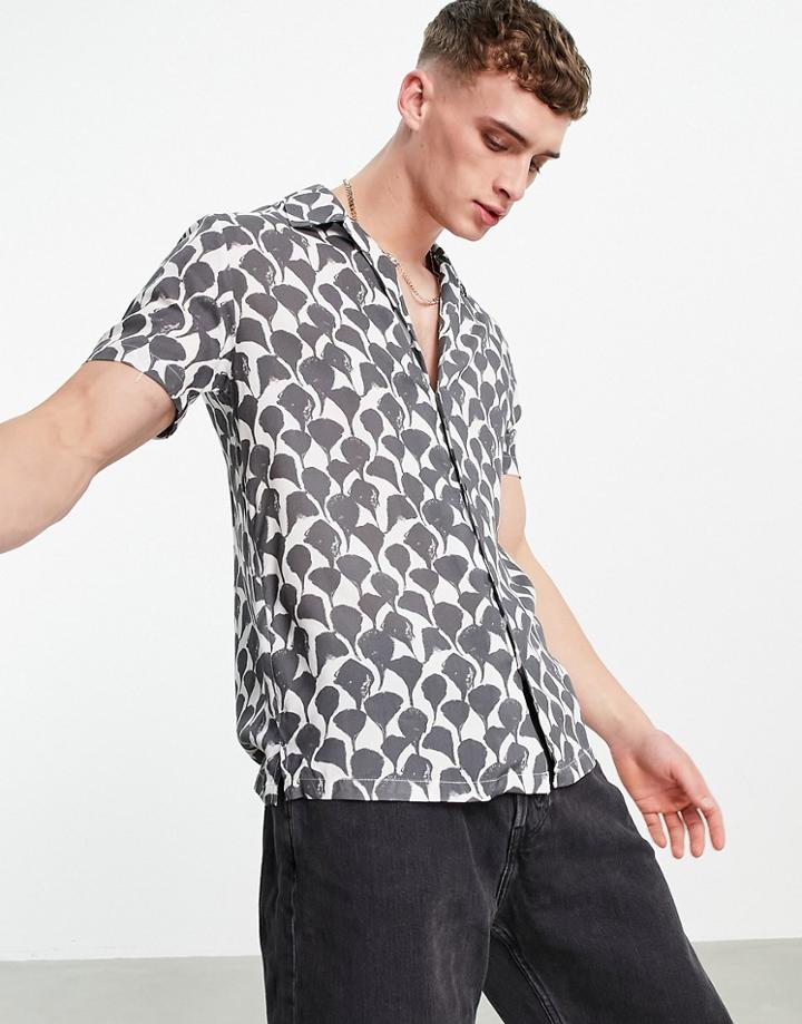 Topman Deep V Petal Print Viscose Shirt In Black