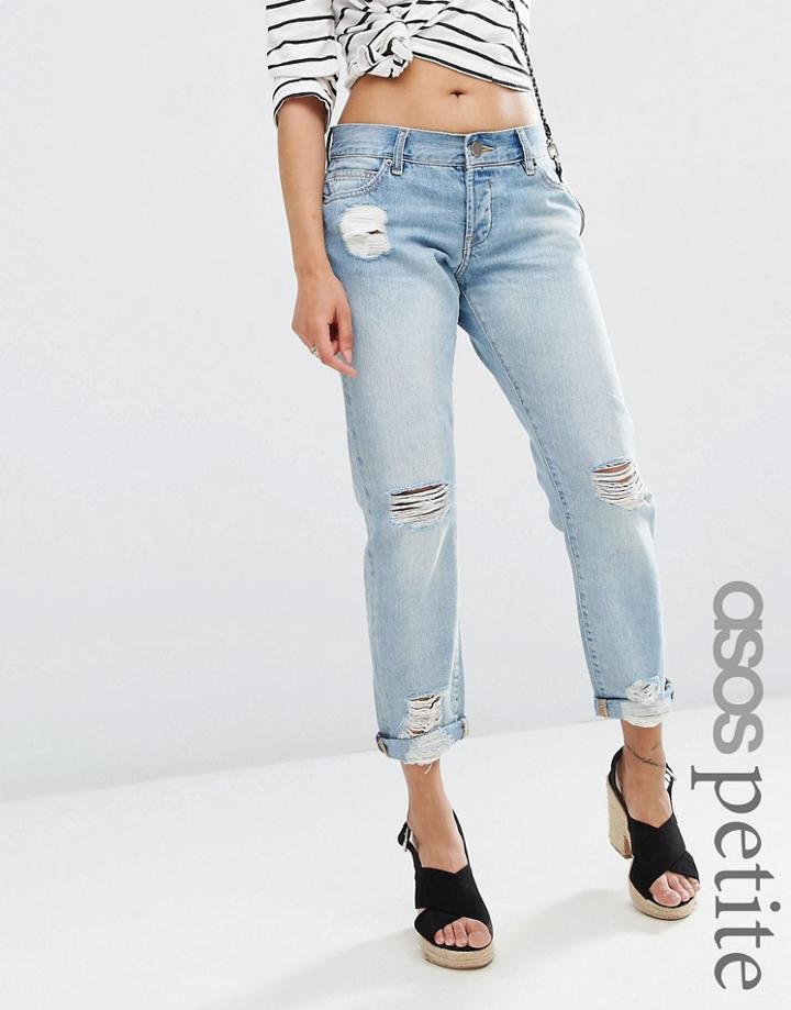 Asos Petite Brady Boyfriend Jeans In Hiro Mid Stonewash With Rips - Blue