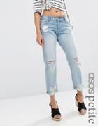 Asos Petite Brady Boyfriend Jeans In Hiro Mid Stonewash With Rips - Blue