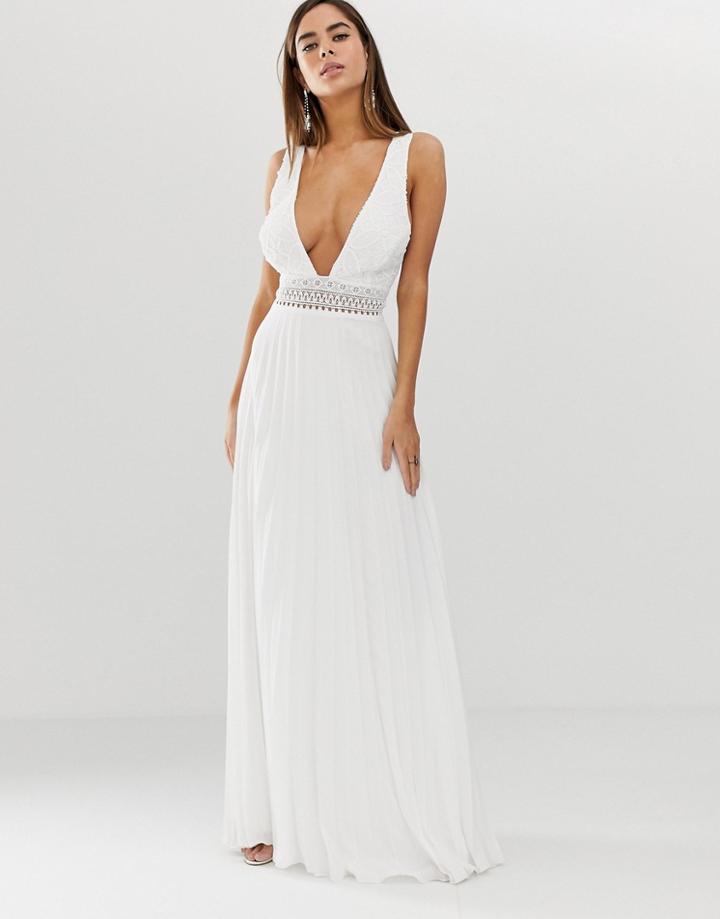 Asos Design Sleeveless Maxi Dress With Lace Bodice And Pleated Skirt - White