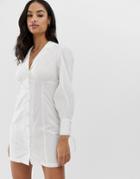 Asos Design Cotton Mini Shirt Dress With Puff Sleeve - White