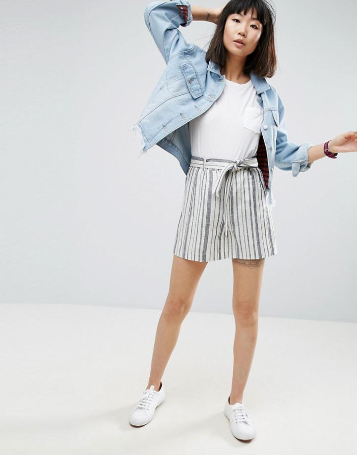 Asos Belted Linen Short In Stripe - Multi