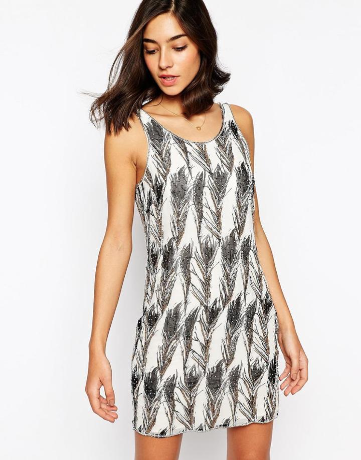 Warehouse Feather Sequin Embellished Dress - Cream