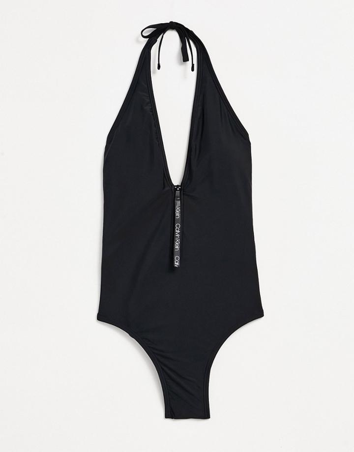 Ck Swim Deep V Swimsuit With Logo Tape In Jet-multi