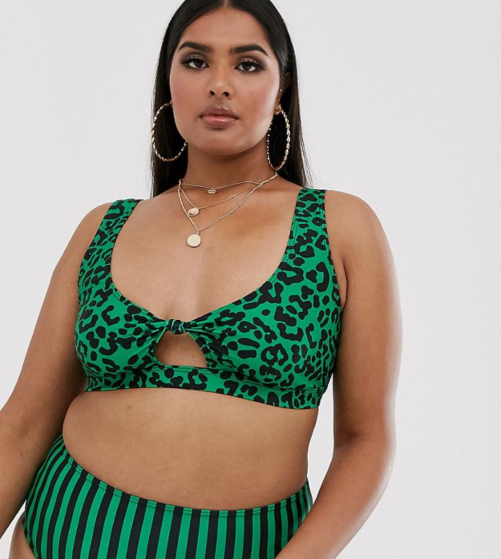 Wolf & Whistle Curve Exclusive Eco Knot Front Bikini Top In Animal