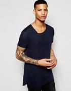 Asos Super Longline T-shirt With Offset V Neck In Slub Fabric - Ebony