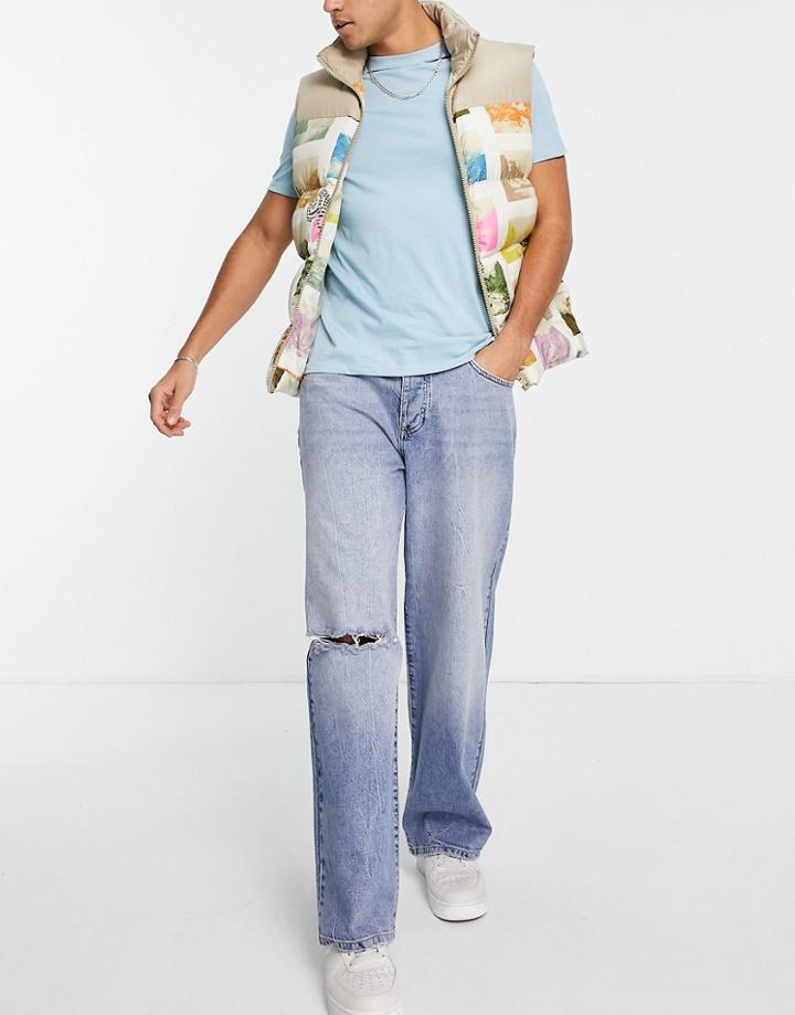 Topman Baggy Ripped Jeans In Mid Wash Blue