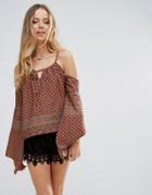 Lunik Cold Shoulder Printed Top - Red