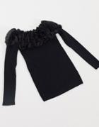 Qed London Ribbed Bardot Sweater With Ruffle Neckline In Black