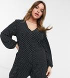 Asos Design Curve Long Sleeve V-neck Mini Dress With Curved Hem In Mono Micro-dots-multi
