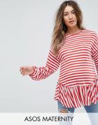 Asos Maternity Smock Top With Balloon Sleeve In Stripe - Red