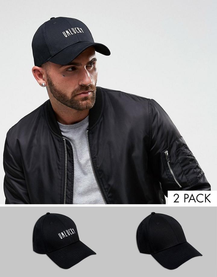 Asos Baseball Cap 2 Pack In Black With Embroidery - Black