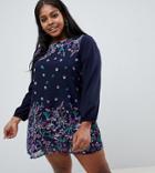 Yumi Plus Long Sleeve Shift Dress In Floral Border Print - Navy