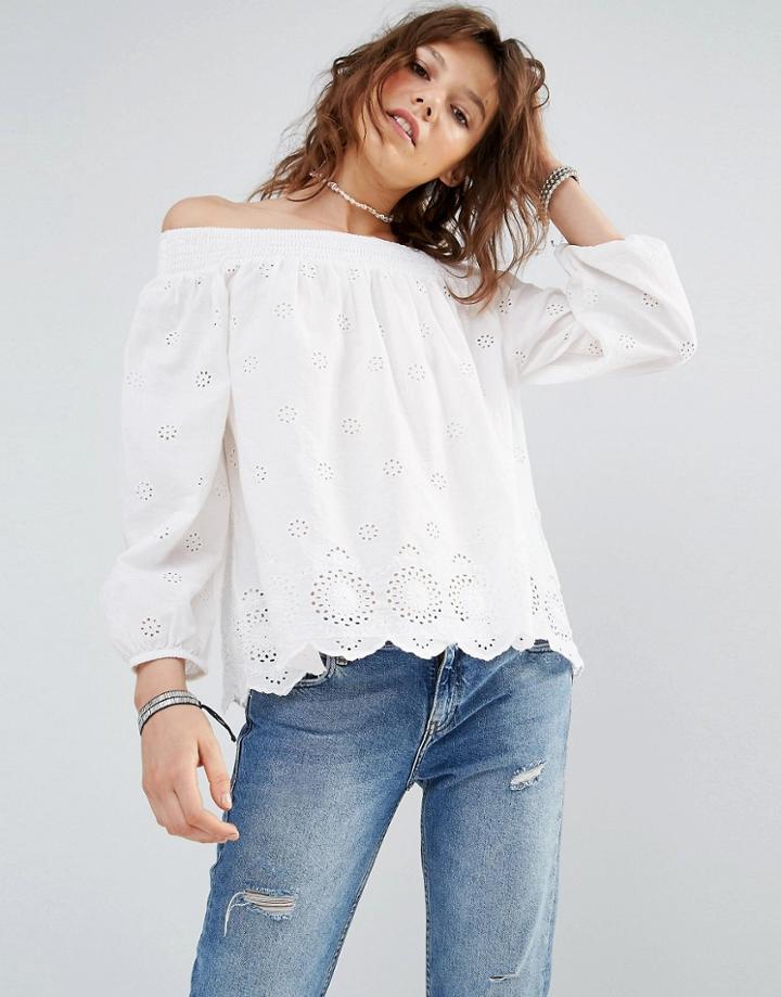 Mango Broderie Off Shoulder Smock Top - White