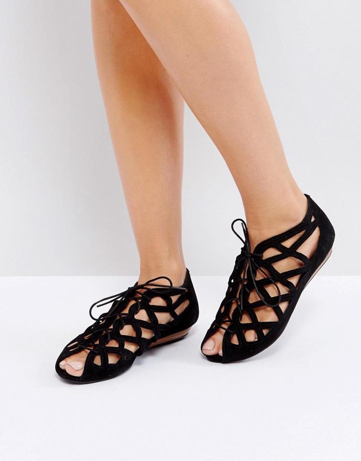 Office Leather Cutout Flat Sandals - Black