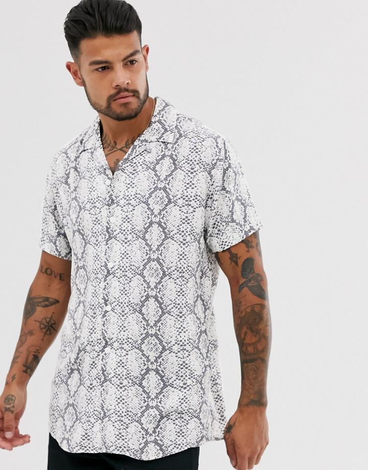 Jack & Jones Premium Snake Print Revere Collar Shirt In White