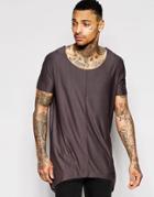 Asos Super Longline T-shirt With Raw Scoop Neck And Pointed Hem In Charcoal - Charcoal