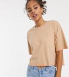 Asos Design Tall Oversized Cropped T-shirt Stepped Hem In Beige With Contrast Stitching - Beige