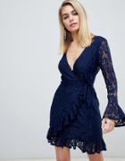 Love Triangle Lace Wrap Dress With Ruffle Cuff And Hem In Navy - Navy
