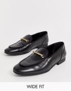 Asos Design Wide Fit Loafers In Black Leather With Gold Snaffle