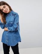 Asos Design Denim Western Shirt With Embroidery - Blue