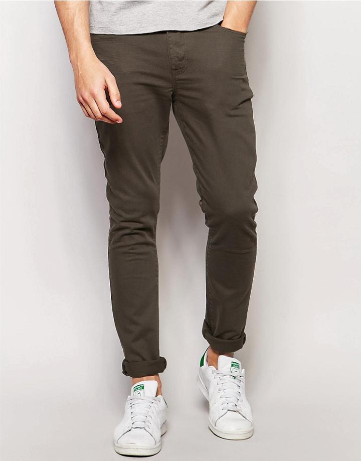 Asos Super Skinny Jeans In Dark Khaki - Forest Knight