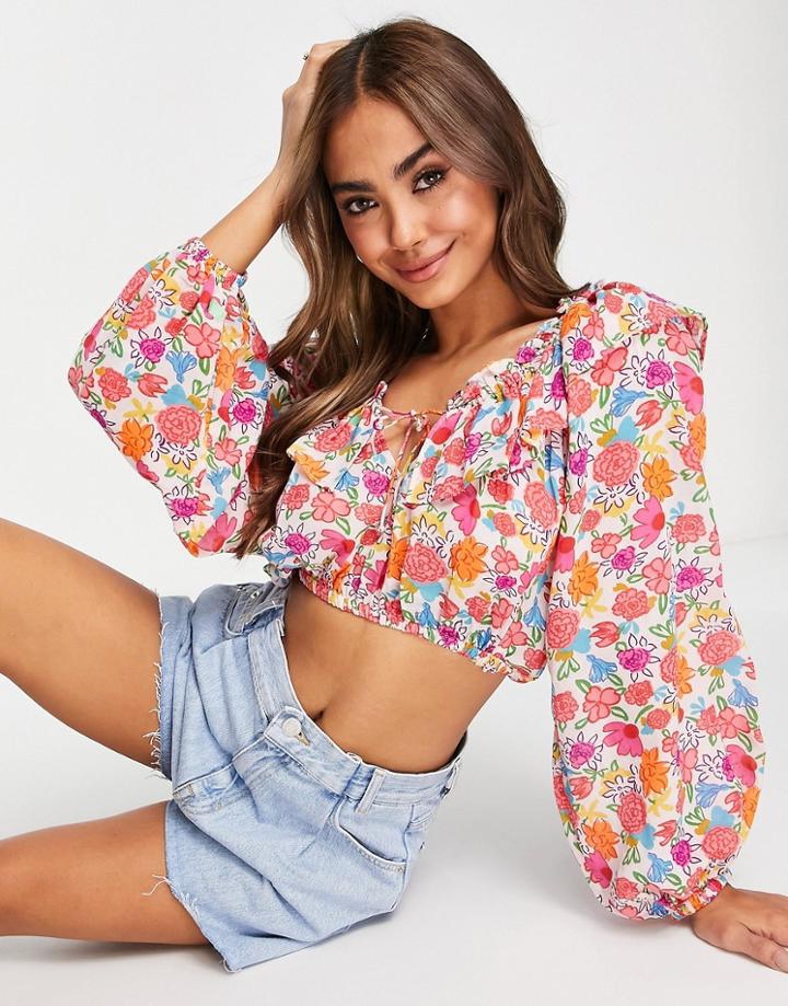 Miss Selfridge Chiffon Frill Scoop Neck Blouse In Floral Print-multi