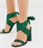 Asos Design Wide Fit Wilderness Tie Leg Block Heeled Sandals In Green Leopard - Green