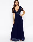 Club L Maxi Dress With Scallop Lace Plunge - Navy