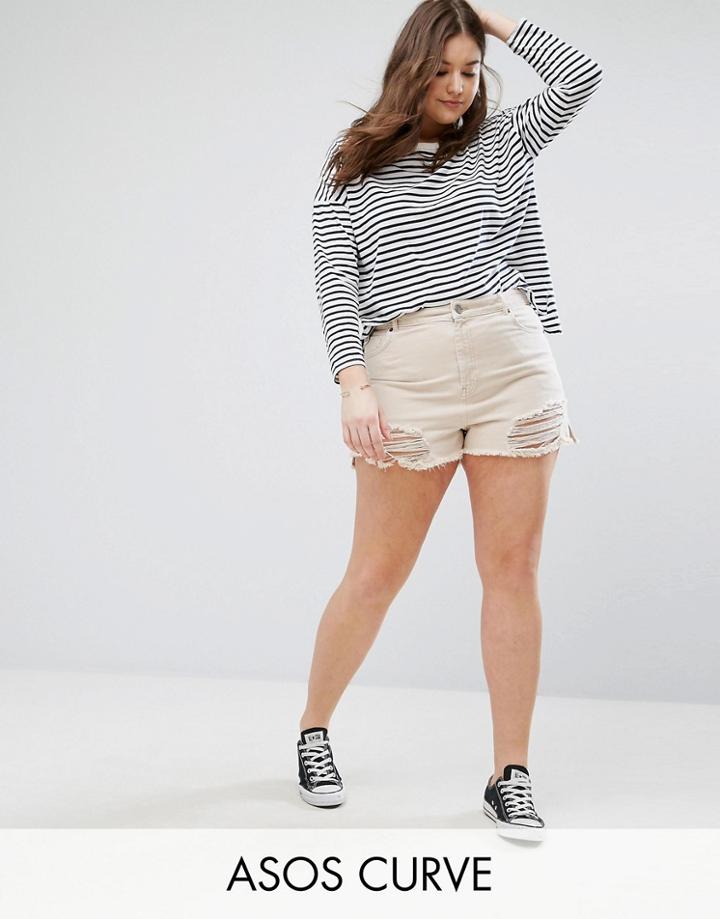 Asos Curve Denim Side Split Shorts In Washed Pink With Shredded Rips - Pink