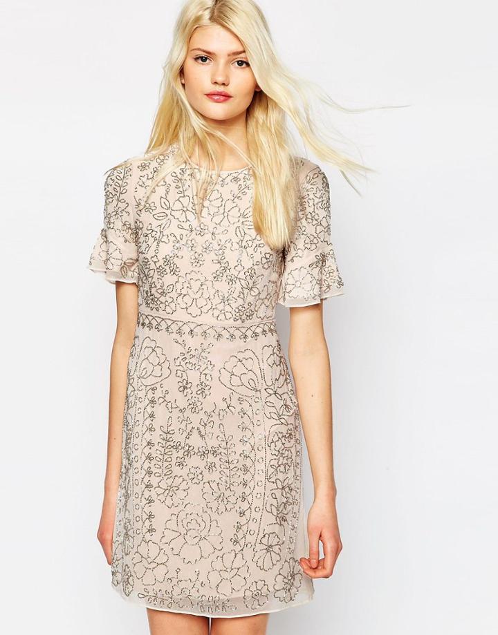 Needle & Thread Linear Motif Embellished Shift Dress - Pastel Pink