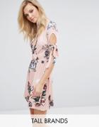 Oh My Love Tall Plunge Tea Dress With Tie Sleeves In Floral Print - Pink