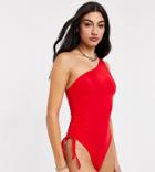 Asos Design Tall Ruched One Shoulder Swimsuit In Red