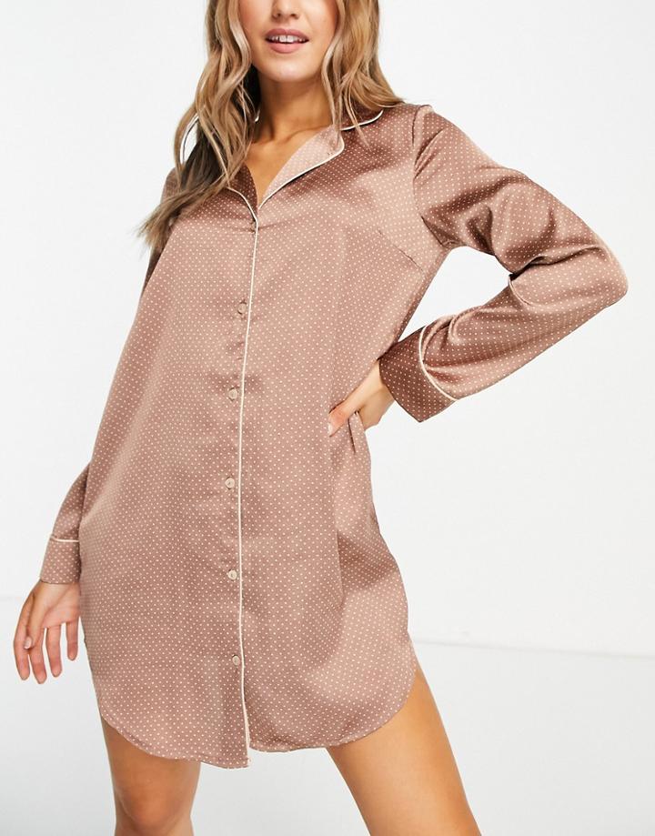 Vero Moda Satin Night Shirt In Mocha Polka Dot-brown