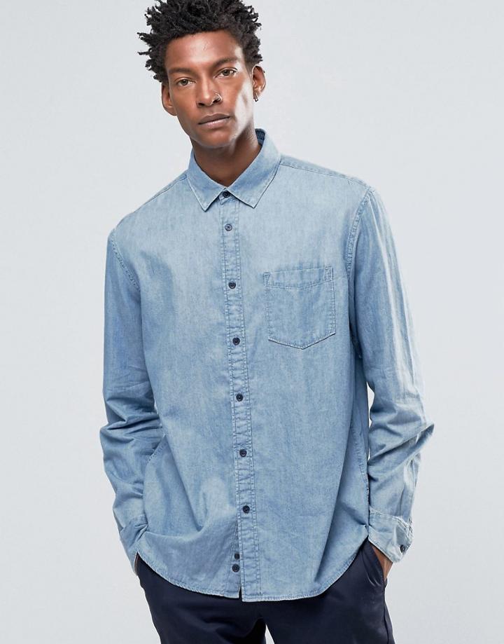 Celio Regular Fit Denim Shirt With Pocket - Navy