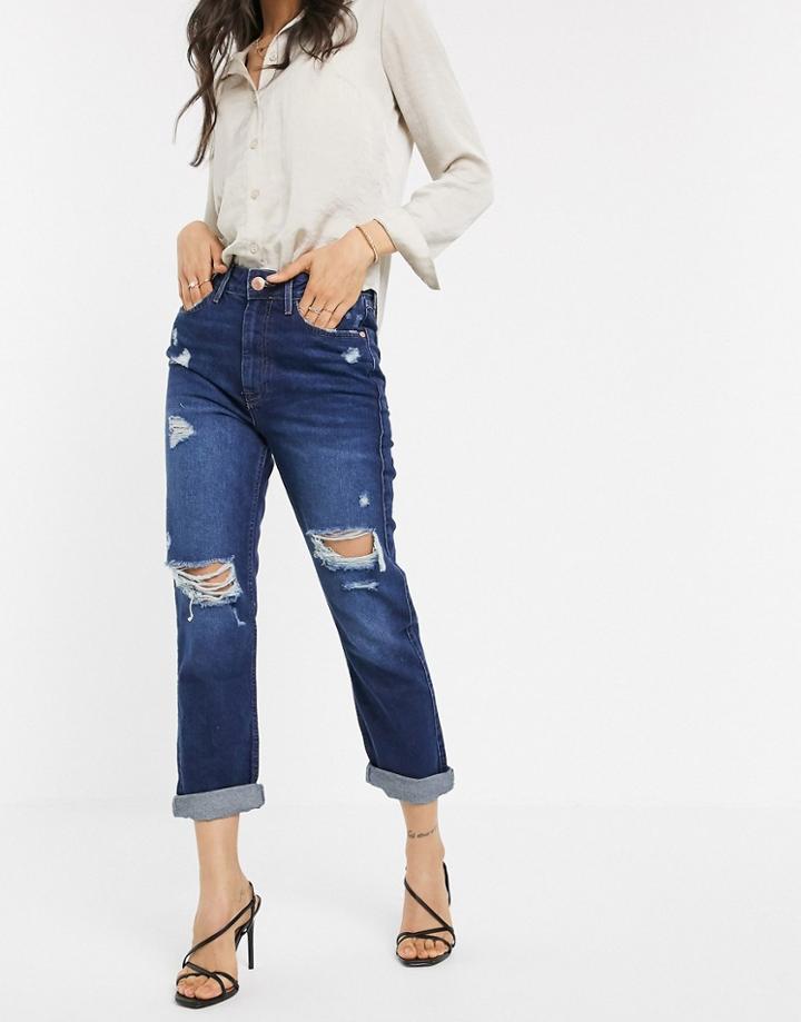 River Island Distressed Mom Jeans In Dark Wash-blues