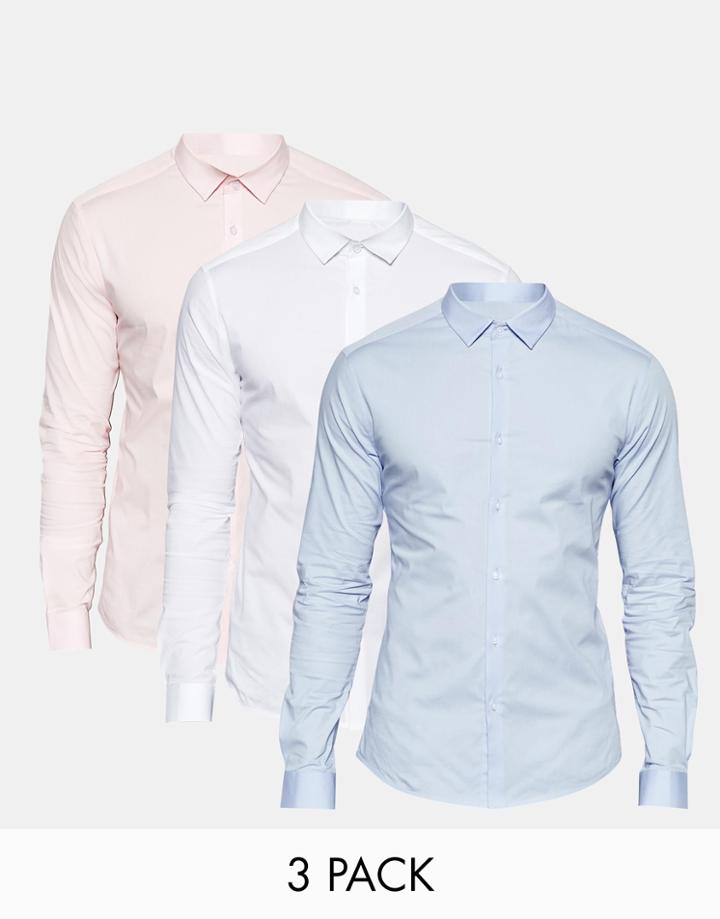 Asos Skinny Shirt In White Blue And Pink 3 Pack
