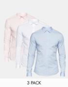 Asos Skinny Shirt In White Blue And Pink 3 Pack