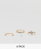 Asos Design Pack Of 4 Rings With Star And Moon Design In Gold - Gold